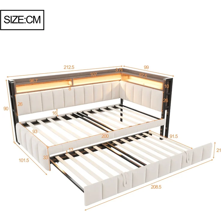 CHICFURN Bett Schlafsofa aus Samtstoff Beige 90x200 cm mit Ausziehbett, LED-Beleuchtung und USB- und Type-C-Anschlüssen – Bild 9