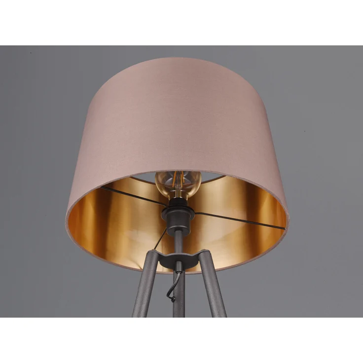 LED Tripod Stehleuchte mit Stoffschirm Taupe/Gold & Ablagetisch, Höhe 152cm – Bild 7