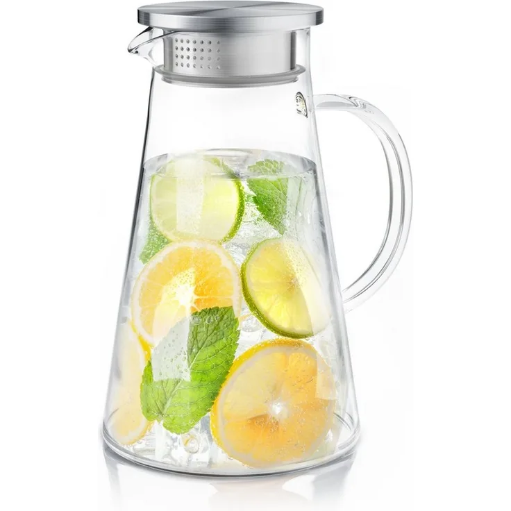 Arendo Karaffe Glaskaraffe 1,9 Liter mit Deckel aus lebensmittelechtem Edelstahl, Borosilikatglas, 1900 ml, Sieb, hitze- und kältebeständig, BPA-frei