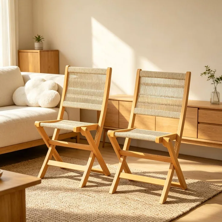 Gartenstühle 2er-Set aus Akazienholz mit PP-Geflecht, klappbar, 48x55,5x88 cm, Natur/Beige