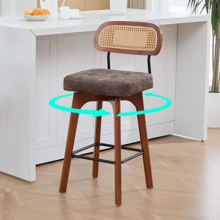 2er-Set um 360° drehbare Barhocker, Küchen- und Frühstücksbarhocker mit Rückenlehne, Rückenlehne aus Rattan mit gepolsterter Sitzfläche, Barhocker im modernen Mid-Century-Stil(Braun, Chenille)--Kaffee--51x44x96cm--YOUDENOVA