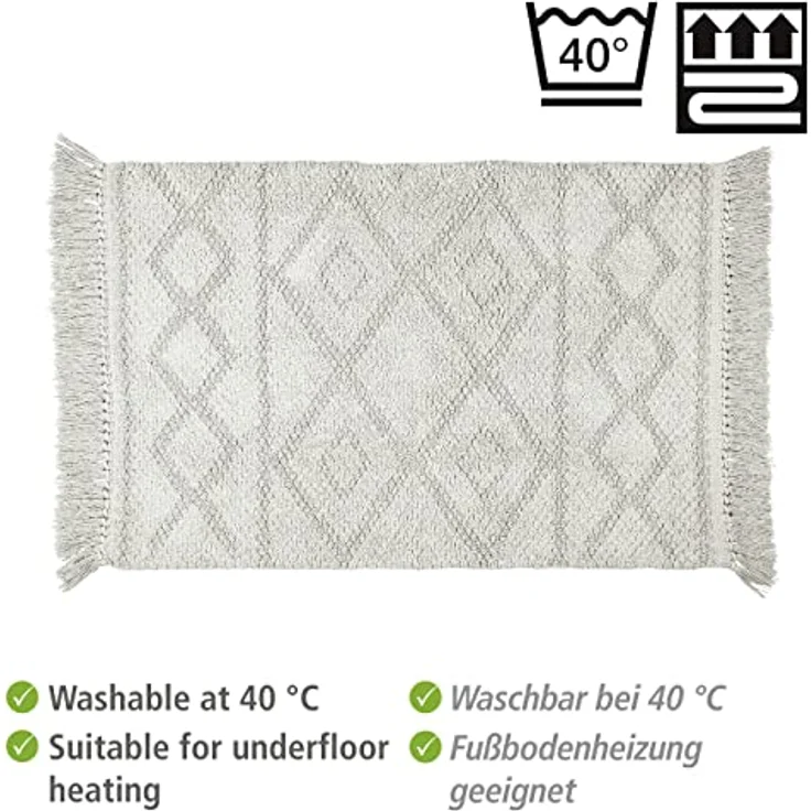 WENKO Badematte Urla Grau, 100 % Bio-Baumwolle, rutschhemmend, 60 x 90 cm, Jacquard-Muster mit Fransen – Bild 4