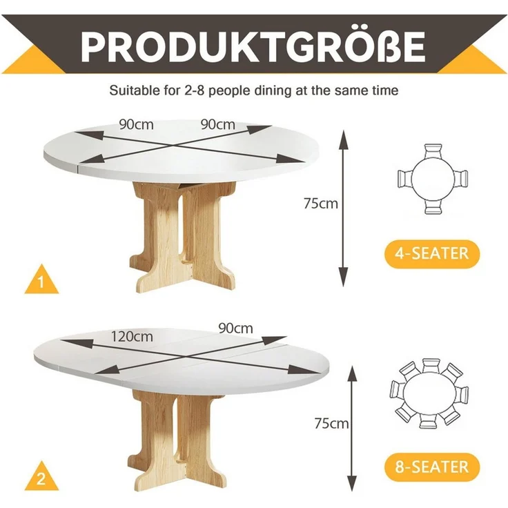 PEALOV Esstisch oval‑rund mit interner Erweiterungsplatte 90‑120 cm (1-St), Ausziehbarer Küchentisch für 4‑6 Personen – Bild 2