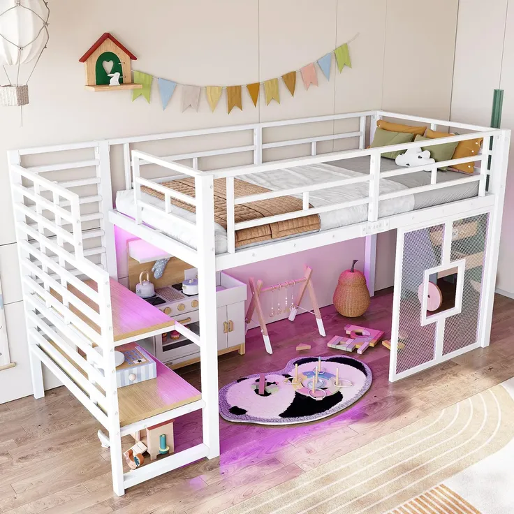 Hochbett mit LED-Streifen, Lattenrost, Rausfallschutz und Fenstern, Treppe mit Regal, 90x200 cm, Einzelbett, Kinderbett, Metall
