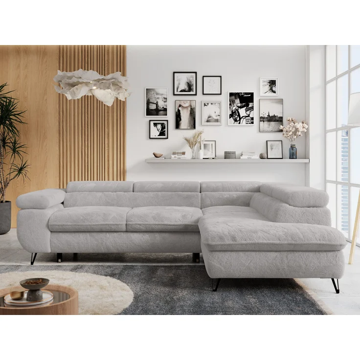 Ecksofa mit Bettfunktion, Modern Sofa, L-form, Einstellbare Kopfstützen, Bettkasten - PETER - Hellgrau Plüsch - Topper T25 - rechts – Bild 4