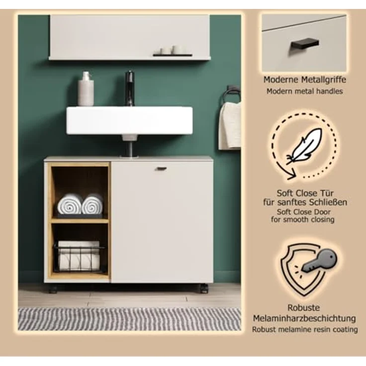 Waschbeckenunterschrank Sao Paulo in Sand und Eiche 80 cm – Bild 7