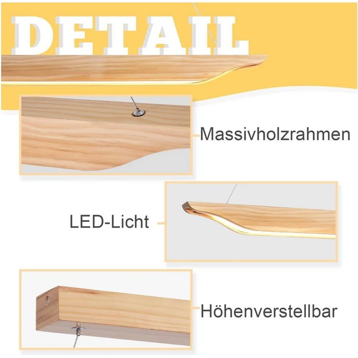 Nettlife LED Pendelleuchte Esstisch Dimmbar Modern Hängelampe Holz 90cm mit Fernbedienung, Höhenverstellbar, LED fest integriert, für Esszimmer Wohnzimmer Schlafzimmer Küche – Bild 3