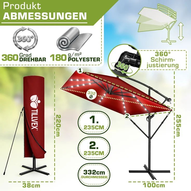 tillvex® Alu Sonnenschirm Rechteckig Ø 330 cm mit LED Solar Rot + Abdeckung mit Kurbel | Ampelschirm mit Ständer & Windschutz | Gartenschirm UV-Schutz, wasserdicht, 360° drehbar | Kurbelschirm Marktschirm – Bild 7