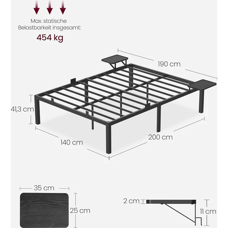 Vasagle Doppelbettgestell, Bettrahmen, Bettgestell aus Metall, mit Aufbewahrungsregalen, Gästebett, passend für 140x200 cm Matratze, einfache Montage, klassikschwarz RMBDE094B01 – Bild 2