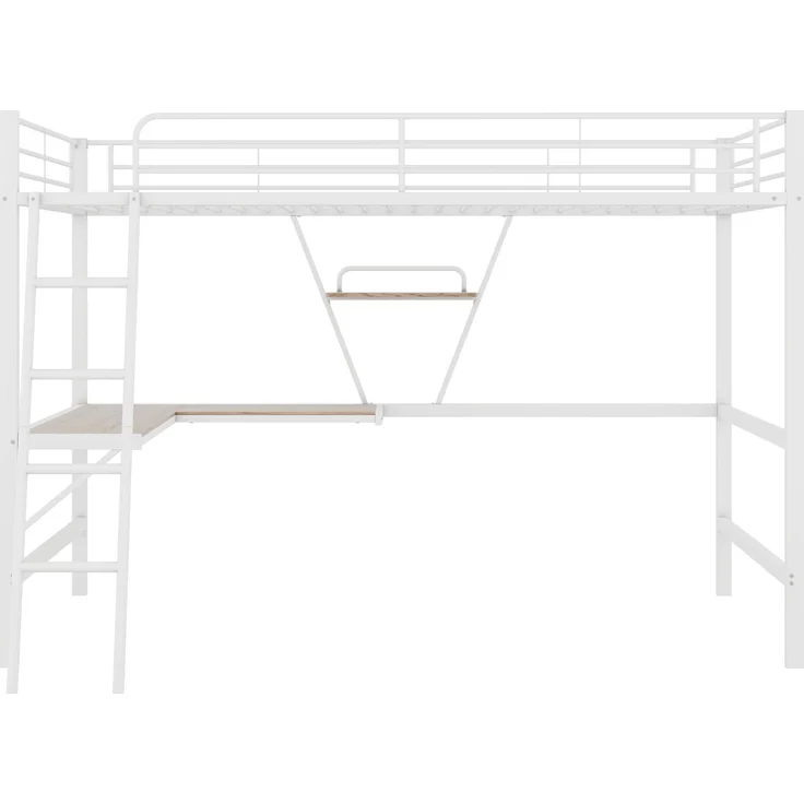 Hochbett, 90x200cm Bettgestell Metallbett, Eisenbett, Hochbett mit L-förmigem Schreibtisch und einem Regal für Kinder, Jugendliche und Erwachsene, Ohne Matratze, Weiß – Bild 5