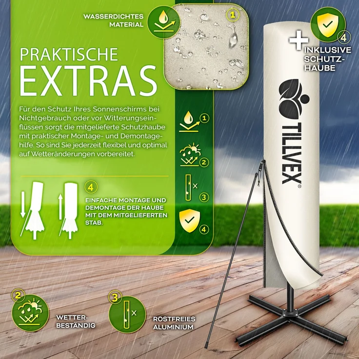 tillvex® Alu Sonnenschirm Rechteckig Ø 330 cm mit LED Solar Beige + Abdeckung mit Kurbel | Ampelschirm mit Ständer & Windschutz | Gartenschirm UV-Schutz, wasserdicht, 360° drehbar | Kurbelschirm Marktschirm – Bild 6