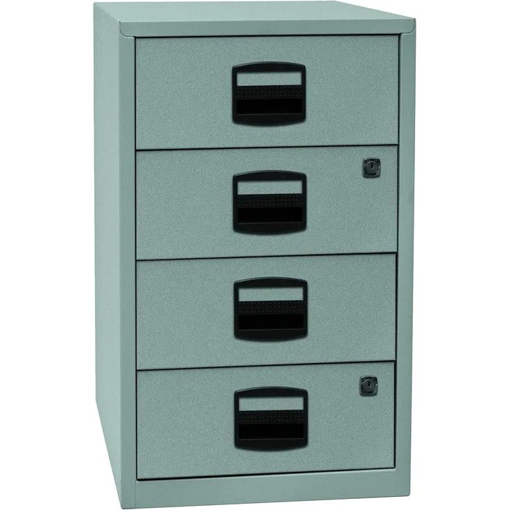Bisley Home Beistellschrank mit Schloss aus Stahlblech, 4 Universal-Schubladen abschließbar - Büroschrank für DIN A4 Dokumente, Kleinteile & Büromaterial - Farbe: silber, PFA4S-355