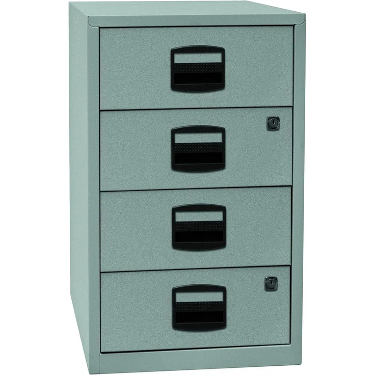 Bisley Home Beistellschrank mit Schloss aus Stahlblech, 4 Universal-Schubladen abschließbar - Büroschrank für DIN A4 Dokumente, Kleinteile & Büromaterial - Farbe: silber, PFA4S-355 – Bild 1