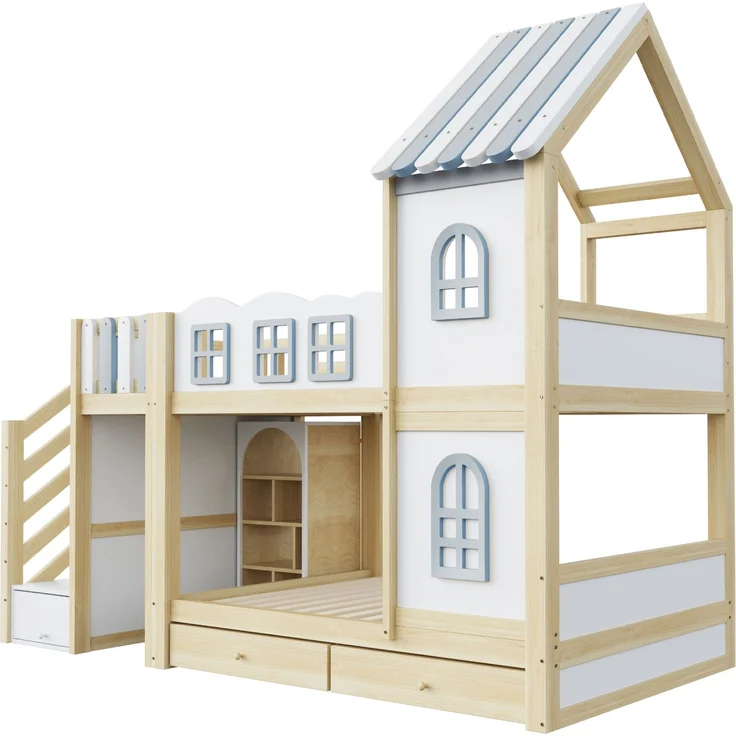 Merax Etagenbett 90 x 200 cm, Kinderbett, Jugendbett, Mit Bettgitter in Wolkenform, Dachkonstruktion Mit Fenstern, Stauraumleiter, Regalen und Schubladen, Kinderbett aus Holz, Weiß – Bild 7