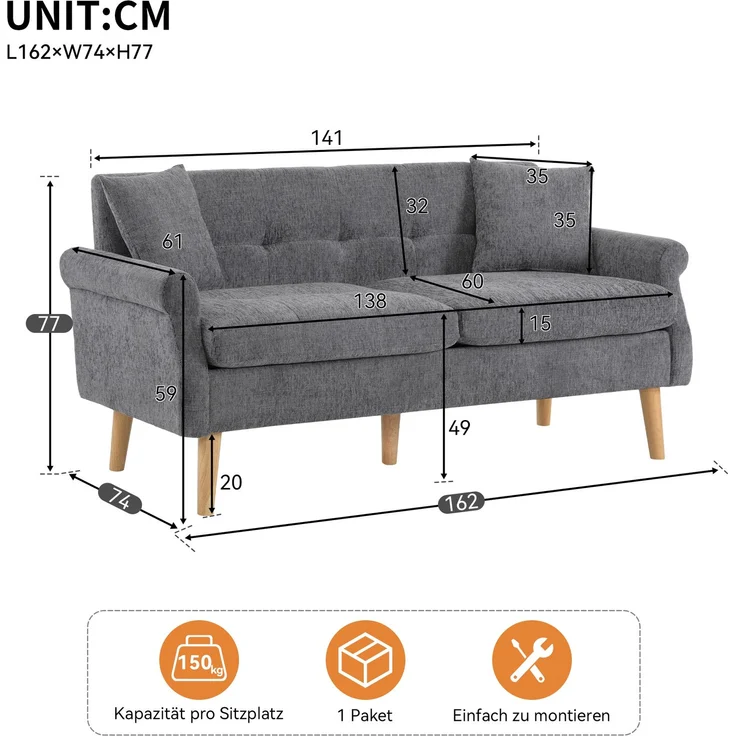 Merax Modernes Design, Polstermöbel, Chenille-Stoff, Doppelsofa, Polstersofa, Sofa mit dicken Kissen, geeignet für Wohnzimmer, Schlafzimmer, grau – Bild 4