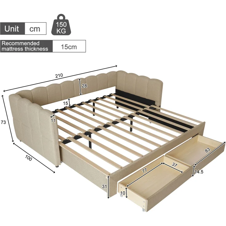 CHICFURN Bett aus Chenille Beige 90/180x190 cm ausziehbar mit 2 Schubladen und USB- und Type-C-Anschlüssen – Bild 10
