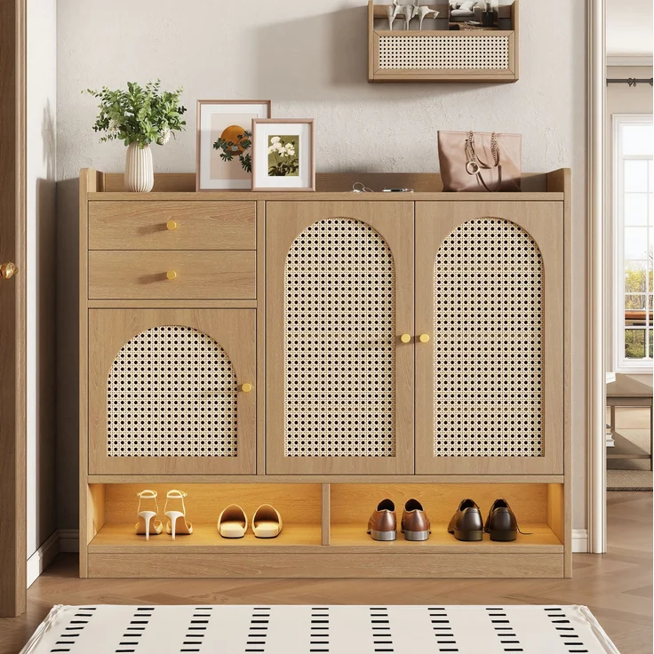Schuhschrank 120 x 35 x 100 cm mit Rattanfronten, 2 Schubladen und LED-Beleuchtung – Bild 4