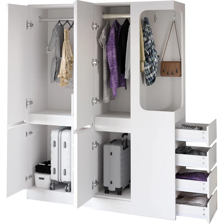 CHICFURN Kleiderschrank 140x170x40 cm aus Holz mit Schubladen und offenem Hängebereich – Weiß – Bild 7