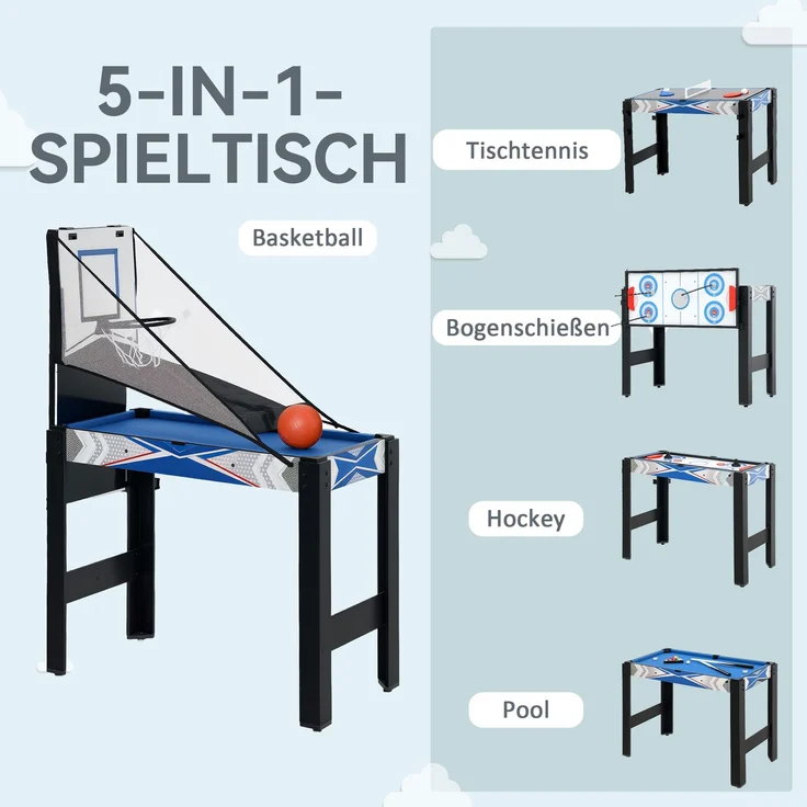 MELAYR, 5-in-1 Mini Spieletisch, Billard, Tischtennis, Hockey, Basketball, 91 x 45.5 x 76 cm, Blau+Schwarz – Bild 6