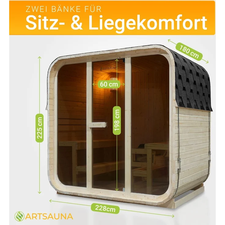 Artsauna Cube Fasssauna Fjora, Gartensauna für 6 Personen aus Fichte, 9 kW Saunaofen, LED-Beleuchtung, Zubehörset mit Sanduhr & Thermometer – Bild 6