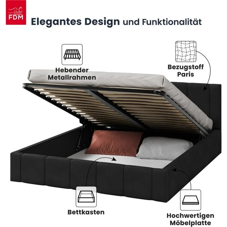 FDM Polsterbett FLORIDA Paris Bettgestell 90x200, 120x200, 140x200, 160x200, 180x200 cm (verfügbar 90x200 120x200 140x200 160x200 180x200 cm, Bettrahmen, Bett, mit großen gepolsterten Kopfteil, mit Bettkasten zum aufklappen), Hebbarer Metallrahmen, Bettk... – Bild 3