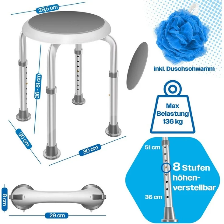 KESSER® Duschhocker höhenverstellbar 8 Stufen | Leichter Badhocker rutschfeste Gummifüße Duschstuhl 136KG belastbar | Duschhilfe Senioren | Saugnapf Haltegriff Badewannengriff | Duschsitz 360° drehbar Weiß / Grau – Bild 4
