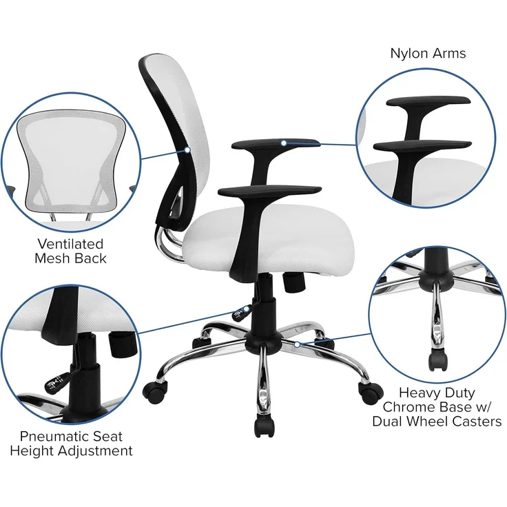 Flash Furniture Alfred Bürostuhl mit mittlerer Rückenlehne, Netzstoff, Drehstuhl mit Chromfuß und Armlehnen, Weiß – Bild 4