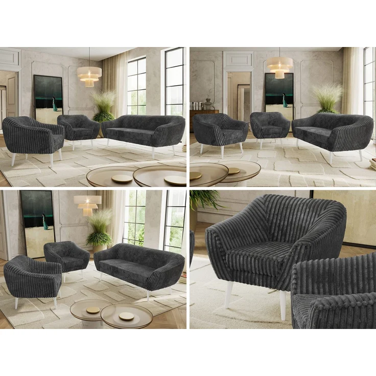 Wohnzimmerset PIRS 1-1-3, Skandinavisches 3-Sitzer Sofa mit Sesseln, Sofa mit Wellenfederung, weiße Füße, Skandinavisches Möbelset - Grau Cord – Bild 2