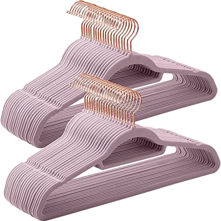 SONGMICS Kleiderbügel Samt, 50er Set, rutschfest, platzsparend | Bügel, 43,5 cm lang, 0,6 cm dick, kleine Stange für Krawatten, 360° drehbarer, Lila + Roségold ,BREANNA Kollektion CRF021GP50 – Bild 1