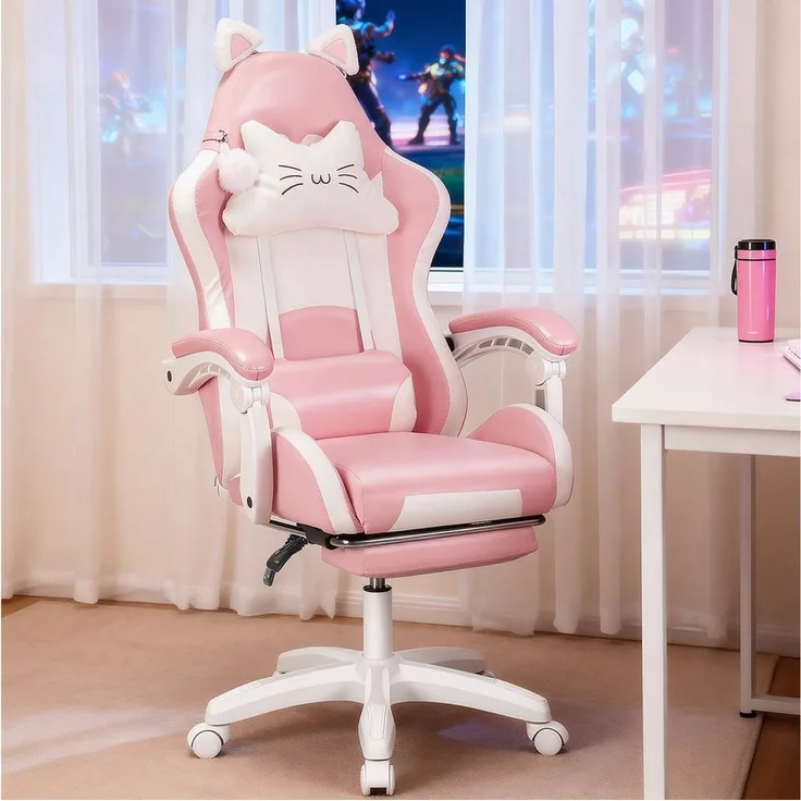 oyajia Gaming-Stuhl Bürostuhl Ergonomisch mit Kopfstütze und Katzenohren, PU-Leder (Gamer Stuhl, Racing Computerstuhl PC Stuhl mit Fußstütze Kopfstütze, 1 St), 115-125cm verstellbare Sitzhöhe, mit Lendenwirbelstütze