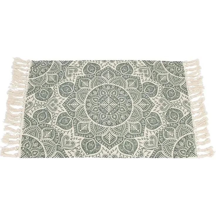 Bodenmatte "Mandala" in grün & beige, 60x90 cm, aus 50% Baumwolle, Teppich mit Fransen