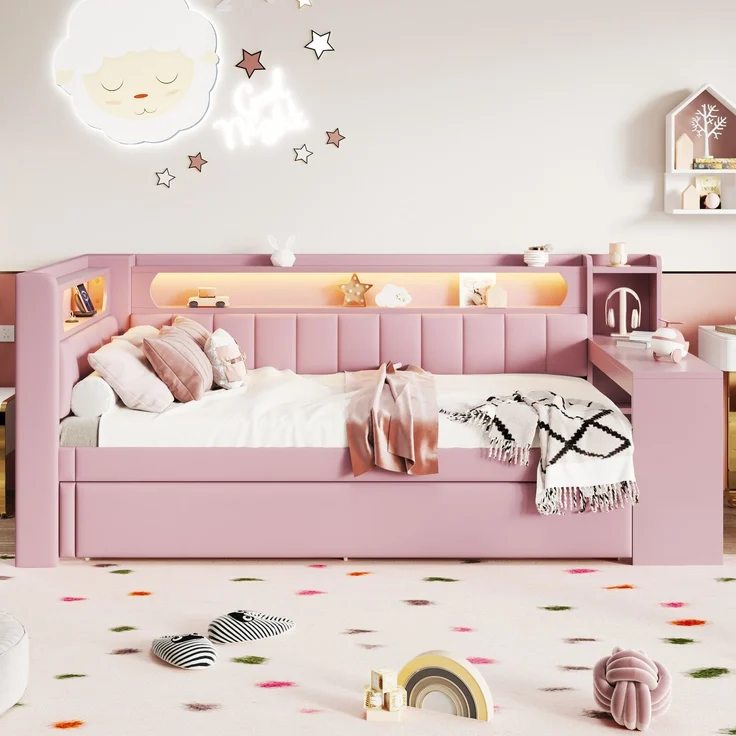 U-life Gepolstertes Tagesbett 90x200 cm mit Ausziehbett, Schreibtisch, USB-Ladestation und LED-Beleuchtung, Rosa – Bild 3