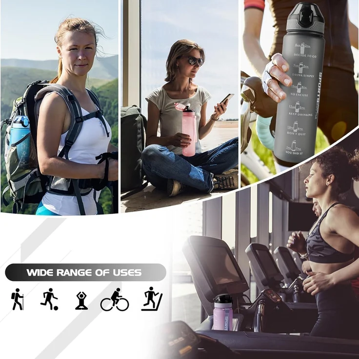 Sport Trinkflasche 1L BPA-frei mit Stroh Mattgrau Zeitmarkierungen – Bild 7
