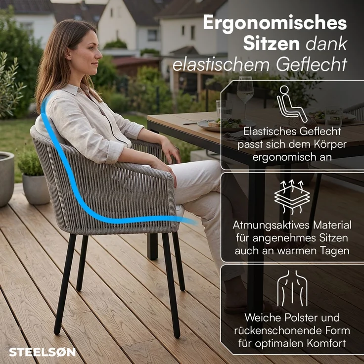 STEELSØN 'Nair' Polyrattan Gartenstuhl, 6er-Set, hellgrau, wetterfest & UV-beständig, Balkonstühle bis 160 kg belastbar, Gartensessel inkl. Kissen – Bild 3