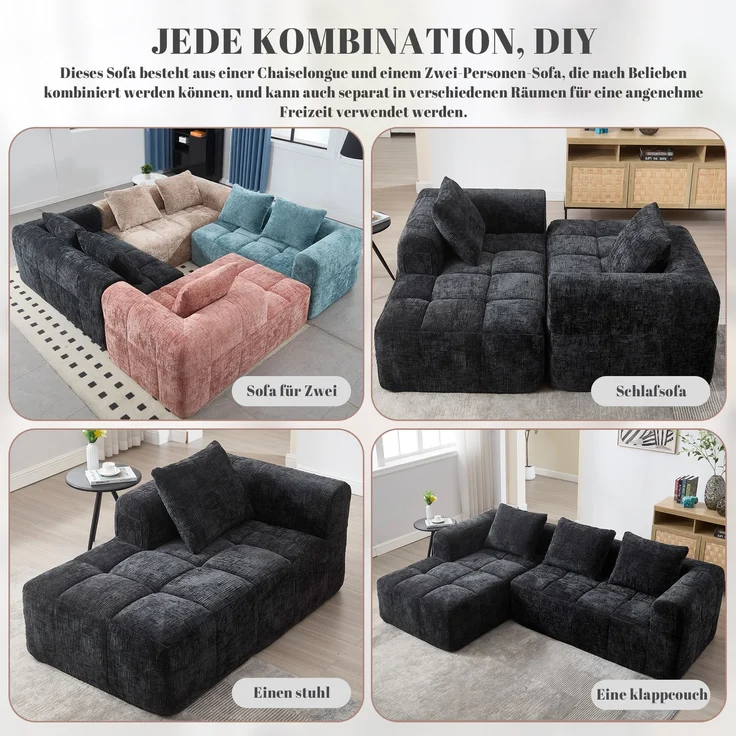 EINHOM Modernes Sektionssofa, L-Sofa, 3-Sitzer-Sofa, keine Installation erforderlich, Chenille-Sofa mit Chaiselongue und Armlehnen, 3 Kissen, Seitentasche für Fernbedienung, Schwarz – Bild 7