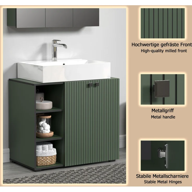trendteam smart living - PureBliss - Waschbeckenunterschrank - Grün - Rillenoptik - 3 offene Fächer + 1 Einlegeboden - (BxHxT) 90 x 79 x 53 cm - edle Metallgriffe – Bild 12