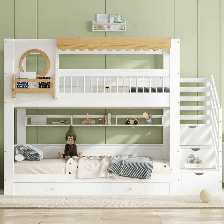 Merax Kinderbett, 90x200cm Jugendbett, Etagenbett, Zwei Aufbewahrungsschublade mit Rollen, Mit Treppenschrank, Mit mit einer Reihe von 2 Meter langen Regalen, Seitliche Ablage, Kiefer + MDF, Weiß