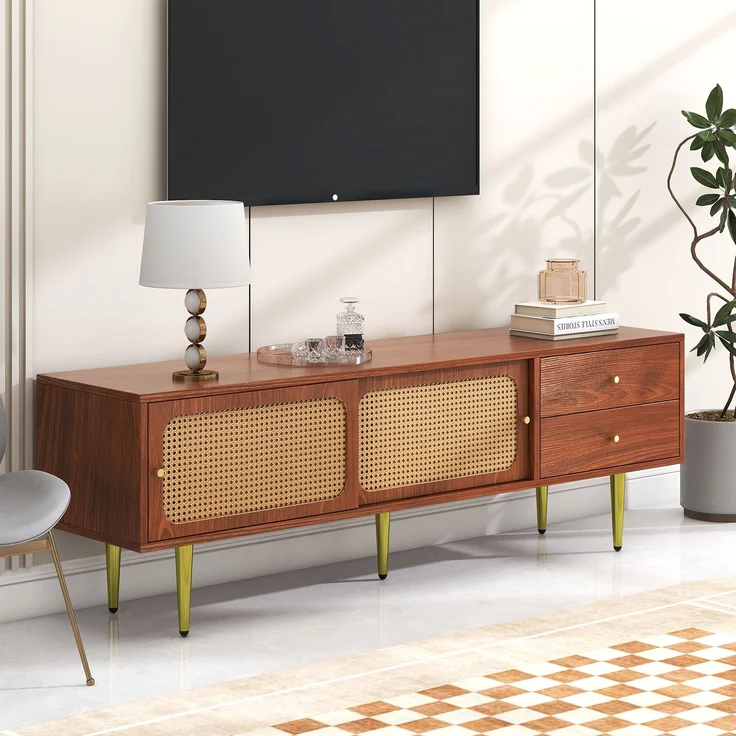 TV-Schrank, 160x40x60 cm, Walnuss-TV-Schrank mit Rattan-Schiebetüren, 2 Schubladen & Metallfüßen – Bild 4