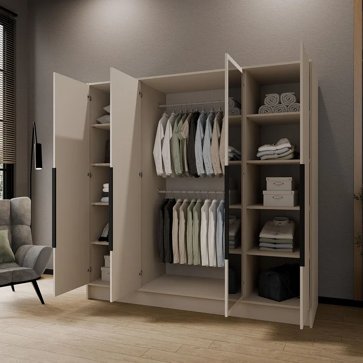 MEBLINI Kleiderschrank LUSINDA 200cm - Kaschmir - mit schwarzen Griffen - Drehtürenschrank mit zwei Spiegeln - Kleiderstangen und Regalböden – Bild 3