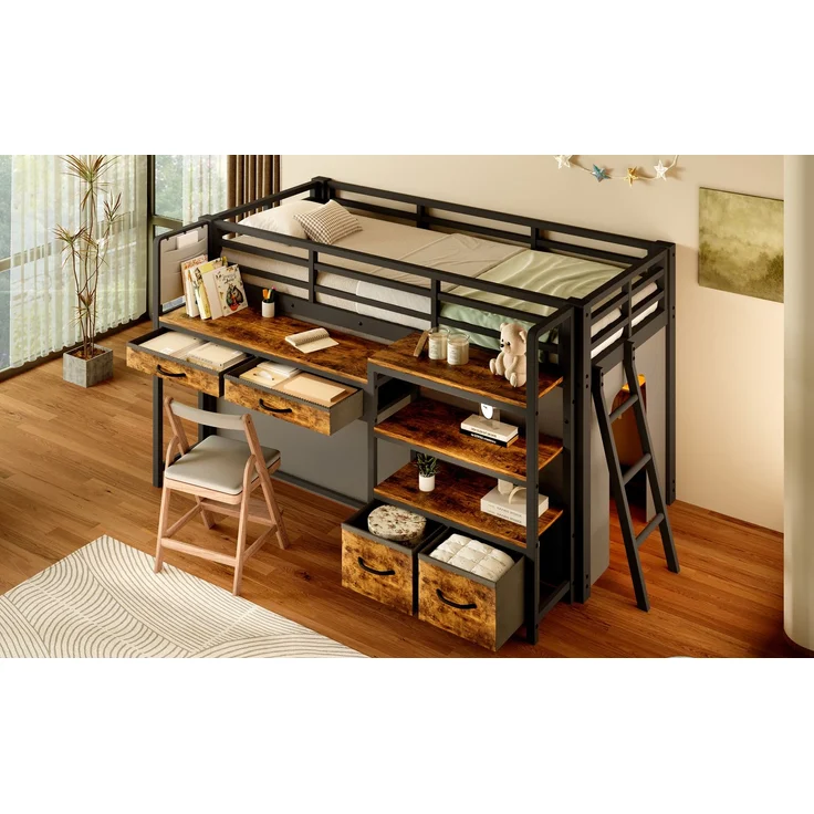 ZUBALIYA Hochbett 90x200 cm mit Schreibtisch, Stauraum und Stoffschubladen, Kinderbett aus Metall mit Vorhang, mehrschichtigem Regal und LED-Licht, Schwarz – Bild 9