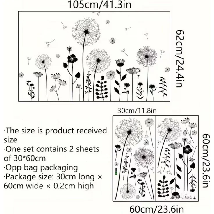 Montegoni Wandsticker Dandelion Wandtattoo – Selbstklebende Löwenzahnblumen für Wände (Einzelset, 1 Wandtattoo-Bogen), Selbstklebend, rückstandslos abziehbar, einfach anzubringen, modern – Bild 2