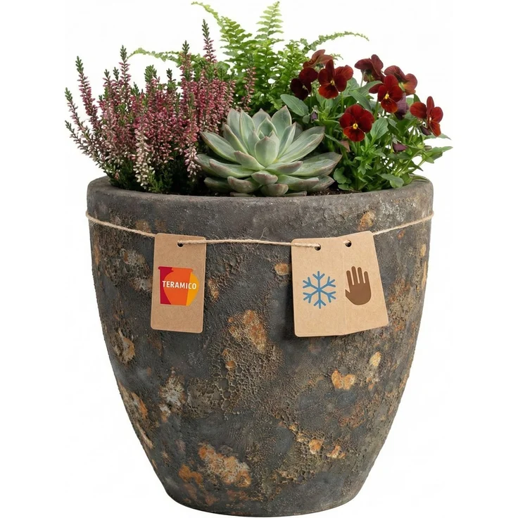 Keramik Blumentopf Eggpot Lava Braun Ø 38cm Struktur Übertopf geschliffen Unikat – Bild 1