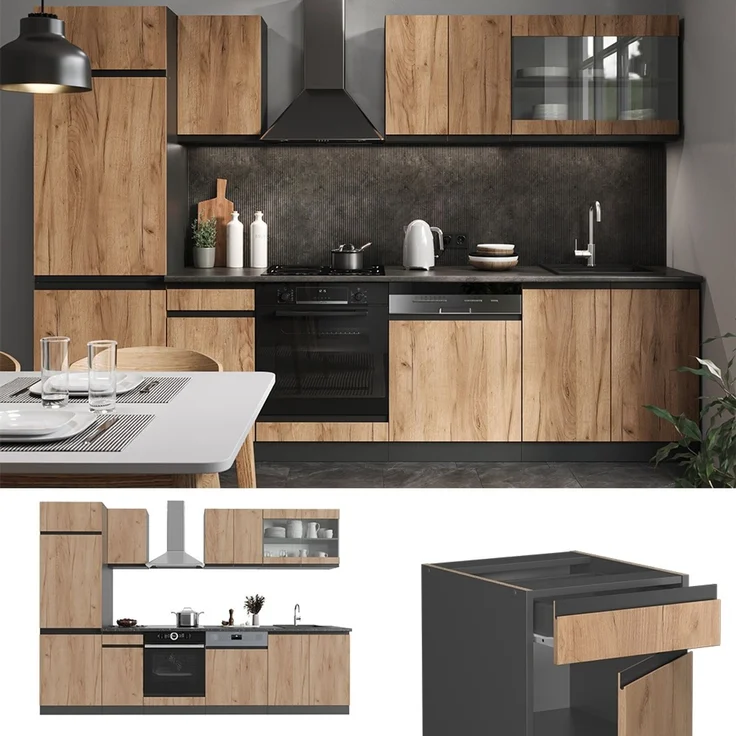 Küchenzeile R-Line Goldkraft Eiche/Anthrazit 300 cm J-Shape, AP Eiche Vicco – Bild 2