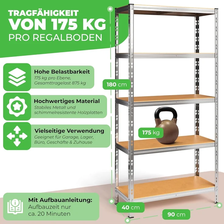 Ondis24 2er Set Metallregal Thomas, Lagerregal 90 x 40 x 180 (H) cm, Kellerregal bis 875kg belastbar, Silber, mit 5 Fachböden, je 175 kg belastbar, höhenverstellbar, Schwerlastregal (Easy-Mount) – Bild 2