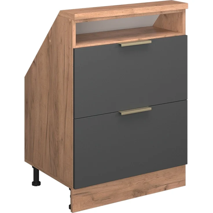 Küchenschrank für Dachschrägen R-Line Anthrazit-Gold/Goldkraft Eiche 60 cm mit 2 Schubladen Vicco – Bild 1