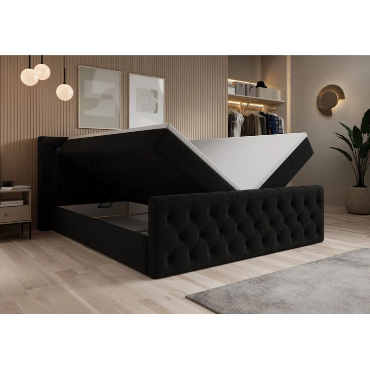 thematys Boxbett LED mit Bettkasten 180x200cm, mit Bonnellfederkernmatratze H3, Bouclé/Velours, mit Stauraum, mit 3 cm Topper, Schwarz (Quelle 100), Art.-Nr. S04JN0YRHUJ – Bild 2