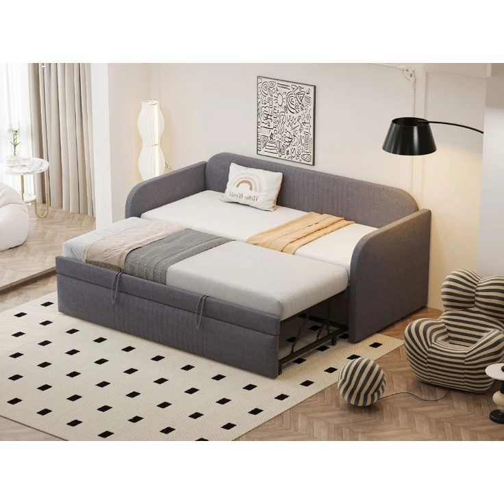 Polsterbett, Ausziehbares Schlafsofa mit vertikalen Streifen Lattenrost Multifunktionsbett Leinenstoff, Leinen, Grau, 90/180x190cm – Bild 5
