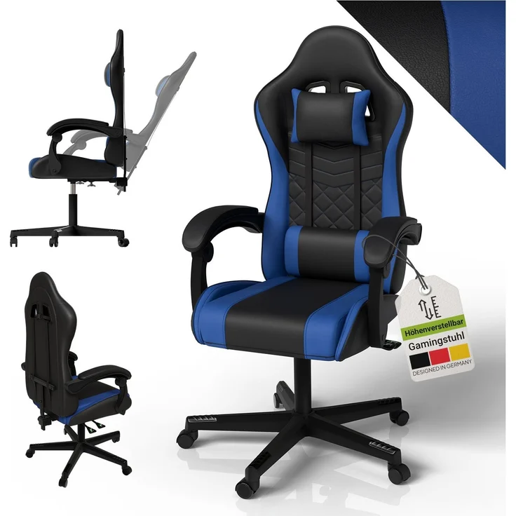 Juskys Gamingstuhl HyperSeat, verstellbare Rückenlehne, höhenverstellbarer Drehstuhl, Kunstleder, ergonomisch, für Büro & Gaming Setup – Schwarz/blau – Bild 1