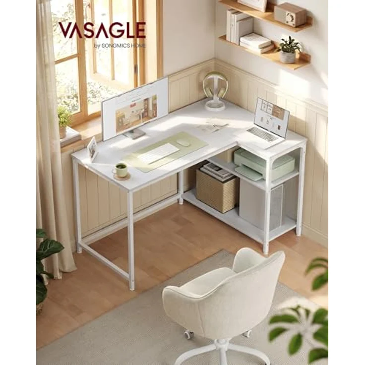 VASAGLE Eckschreibtisch in L-Form, Computertisch mit Stauraum, Bürotisch, höhenverstellbare Ablage, für Homeoffice, 110x80 cm, ahornweiß LWD135WF01 – Bild 3