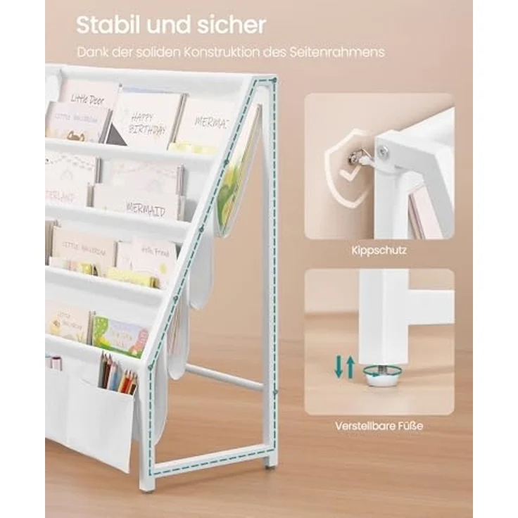SONGMICS Bücherregal Kinder, mit Seitentasche, Stahl/Textil/Holz Weiß, 30 x 108,5 x 75 cm – Bild 5